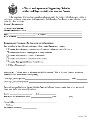 Affidavit and Agreement for Unclaimed Property Claim