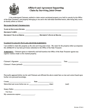 Affidavit and Agreement for Unclaimed Property Claim