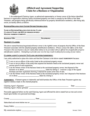 Affidavit and Agreement for Unclaimed Property Claim