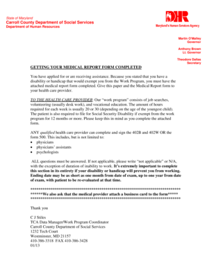 Maryland Medical Report Form for Work Program Exemption