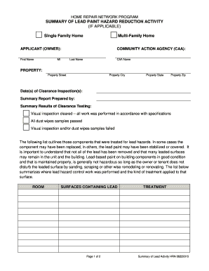 Lead Paint Hazard Reduction Activity Summary