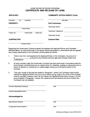 Home Repair Network Certificate and Release of Liens