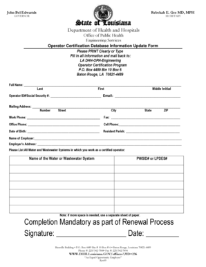 Louisiana Operator Certification Update Form