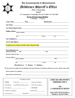 Massachusetts Service of Process Drop-Off Sheet