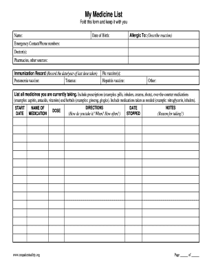 My Medicine List Form