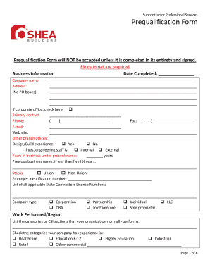 Subcontractor Prequalification Form