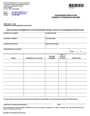 Minnesota Construction Continuing Education Attendance Record