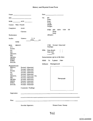 History and Physical Exam Form