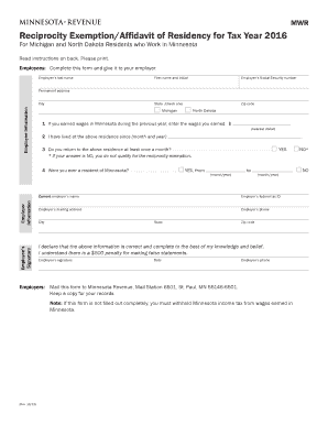 MWR Reciprocity Exemption/Affidavit of Residency for Tax Year 2016 For Michigan and North Dakota Residents who Work in Minnesota Read instructions on back - revenue state mn
