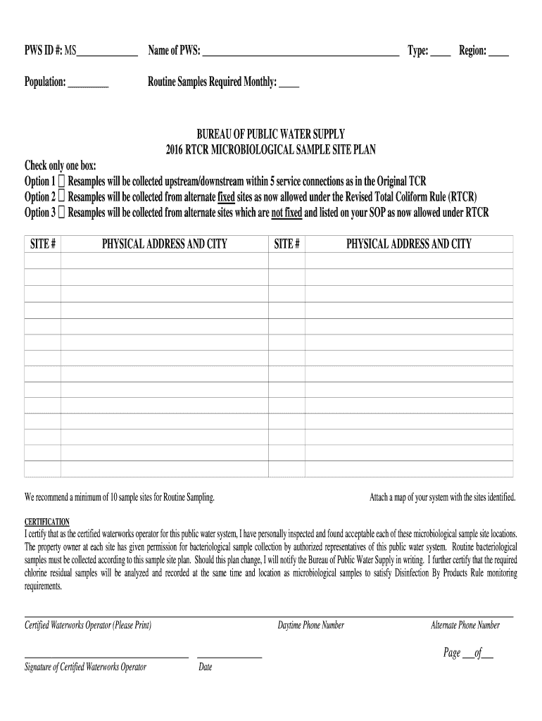 Fillable Online msdh state ms PWS ID MS Name of PWS Routine Samples ...