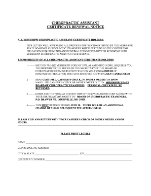 Mississippi Chiropractic Assistant Certificate Renewal Notice