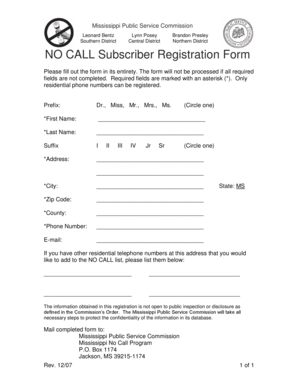 Mississippi No Call Registration Form