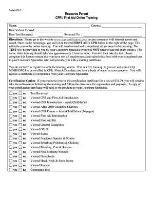 CPR First Aid Training Completion Form