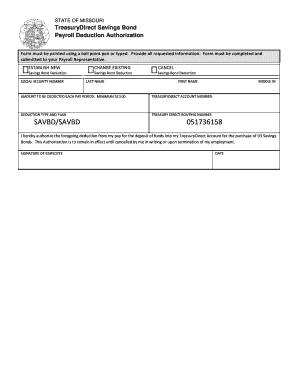 Missouri TreasuryDirect Savings Bond Payroll Deduction Authorization