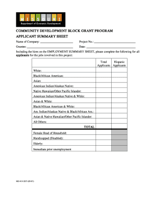 Community Development Block Grant Applicant Summary Sheet