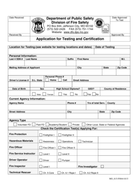 Missouri Firefighter Certification Application
