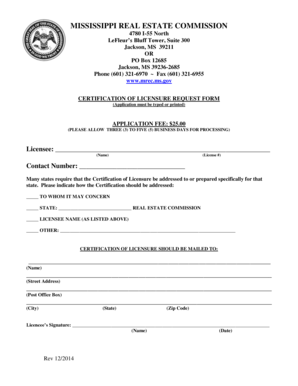 Mississippi Certification of Licensure Request Form