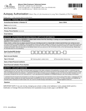 Missouri Autopay Authorization for Life Insurance & LTD Premiums