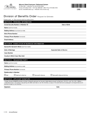Missouri State Employees' Retirement System Division of Benefits Order Request for Estimate