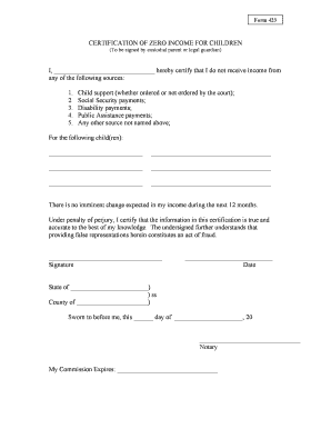 Form 423 Certification of Zero Income for Children