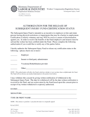 Subsequent Injury Fund Certification Authorization