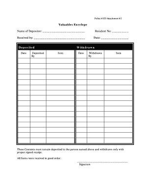 Valuables Envelope Deposit Form