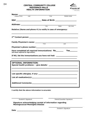 Central Community College Residence Halls Health Information Form