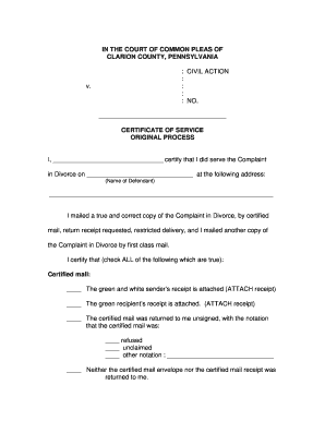 Certificate of Service for Divorce Complaint