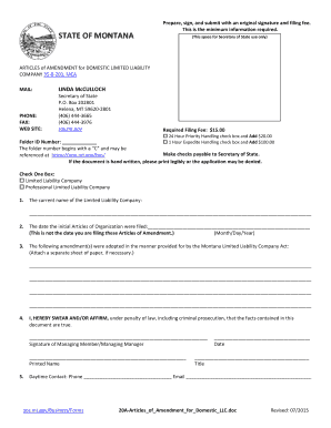 Montana Articles of Amendment for Domestic LLC
