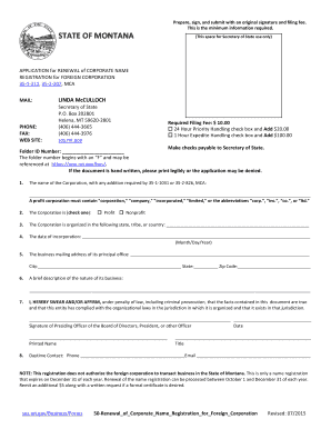 Montana Foreign Corporation Name Renewal Application