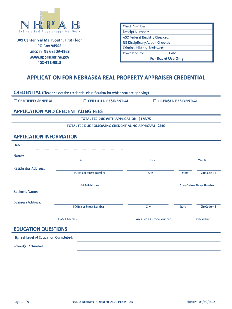 Fillable Online appraiser ne APPLICATION FOR NEBRASKA REAL PROPERTY