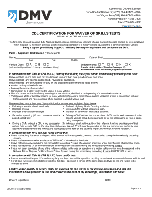 CDL Certification for Waiver of Skills Tests