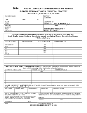 King William County Business Tangible Personal Property Tax Return