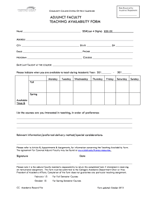 Adjunct Faculty Teaching Availability Form