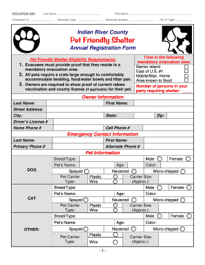 Indian River County Pet Friendly Shelter Annual Registration Form