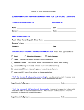 Superintendent's Recommendation Form for Continuing Licensure