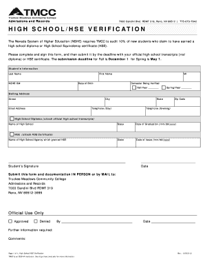 High School Diploma Verification Form