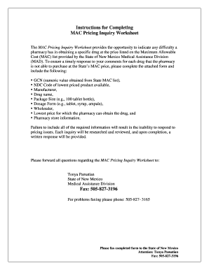 MAC Pricing Inquiry Worksheet