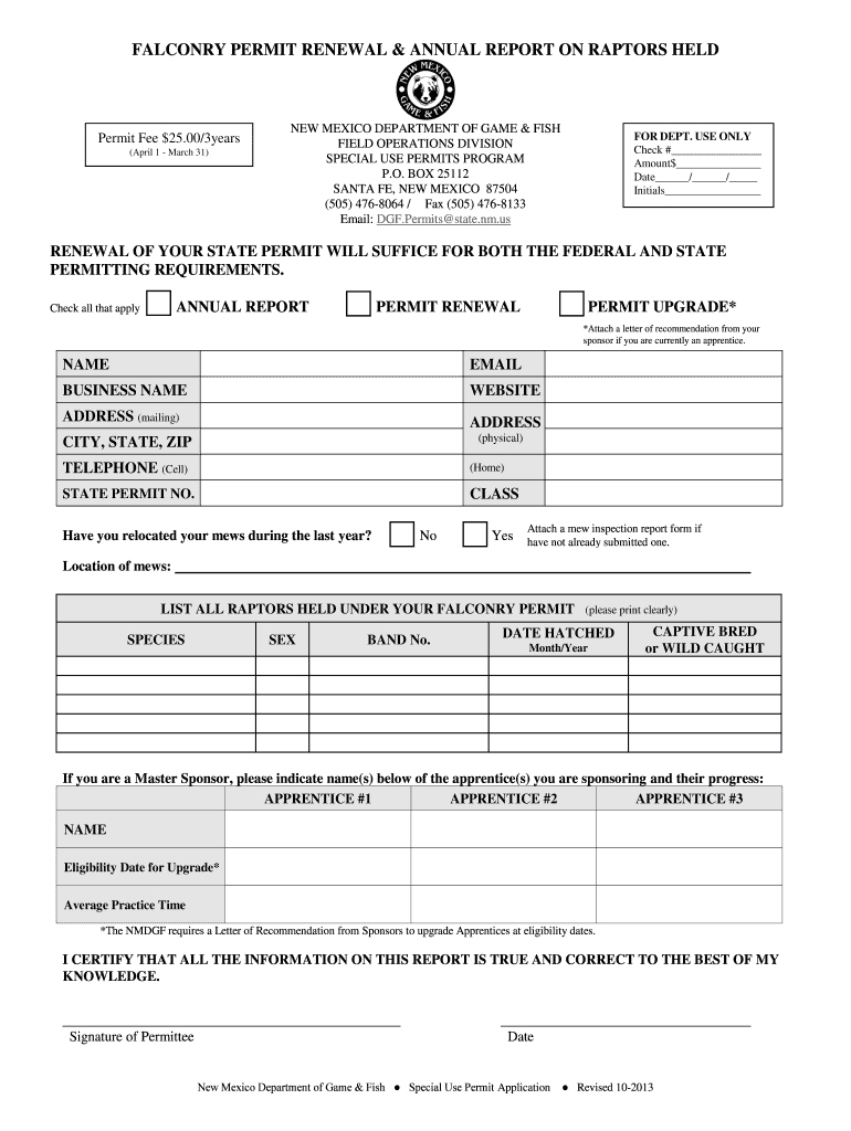 Fillable Online wildlife state nm FALCONRY PERMIT RENEWAL ANNUAL REPORT