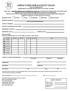 City of Farmington Facility Usage Application
