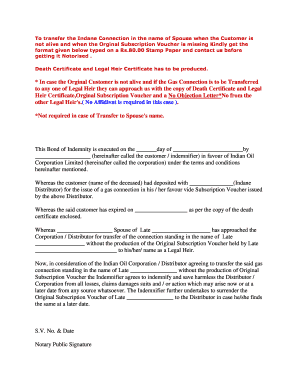 Indemnity Bond for Indane Gas Connection Transfer