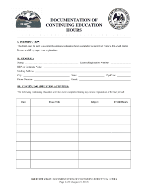 Well Driller Continuing Education Hours Form