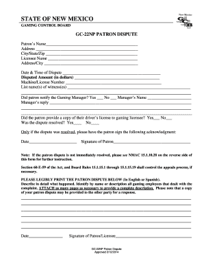 New Mexico Patron Dispute Form