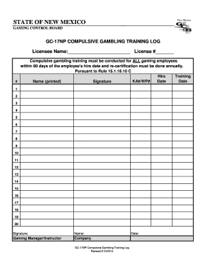 New Mexico Compulsive Gambling Training Log