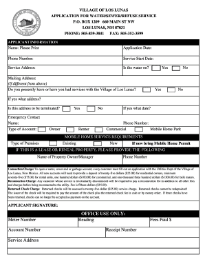 Village of Los Lunas Water Sewer Refuse Service Application