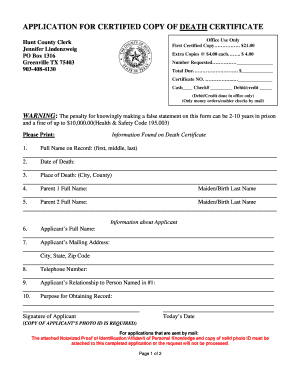 Application for Certified Copy of Death Certificate