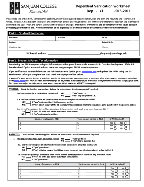 San Juan College Dependent Verification Worksheet