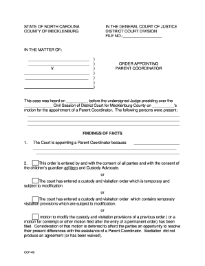 North Carolina Parent Coordinator Appointment Order