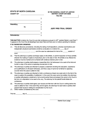North Carolina Jury Pre-Trial Order