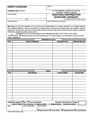 North Carolina Equitable Distribution Inventory Affidavit